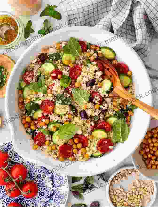 A Colorful And Vibrant Mediterranean Quinoa Salad Topped With Grilled Salmon Delicious Recipes To Prevent DIABETES